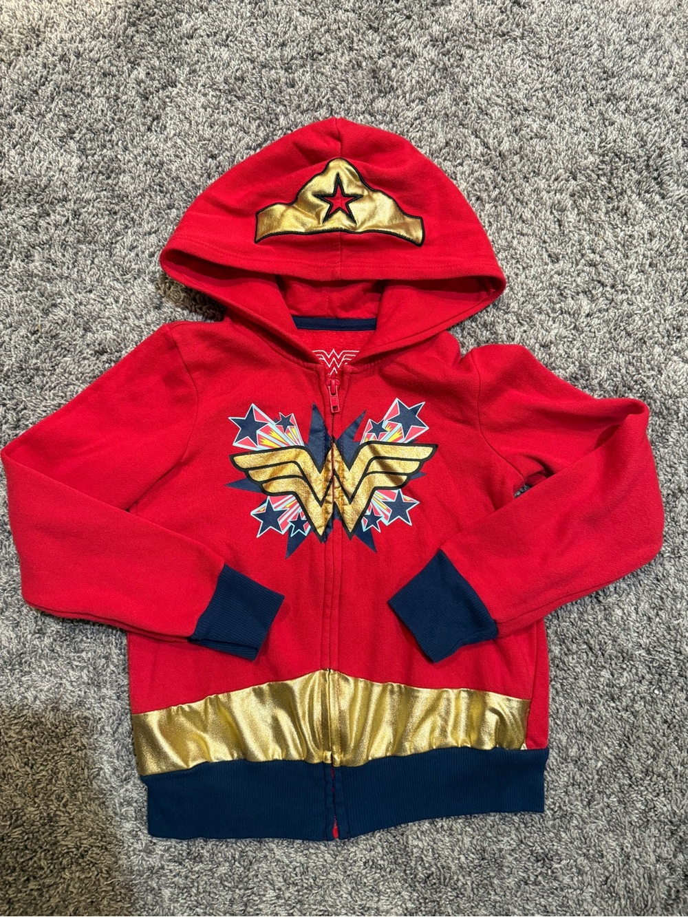 Wonder Woman Kids Red Hooded Zip-Up Jacket with Gold Details